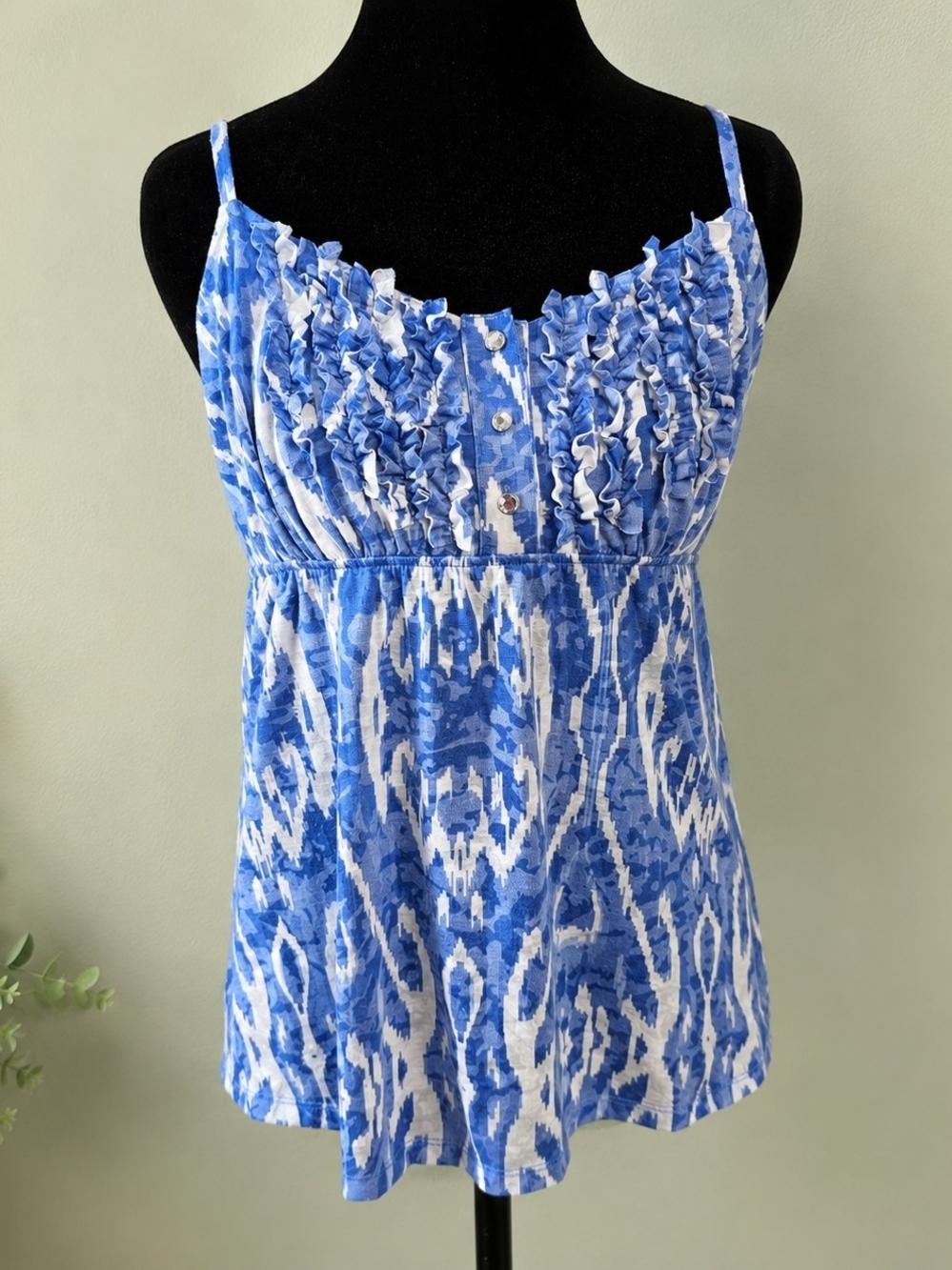 INC International Concept Blue Ikat Ruffle Tank Top Small Adjustable Straps Boho